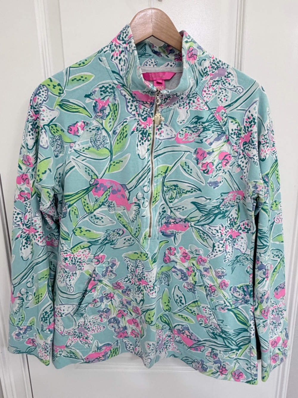 Lilly Pulitzer Aqua Floral Half-Zip Pullover with Pink & Green Accents